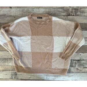 SHEIN Oversized Patchwork Plaid Tan White Pullover Sweater | S